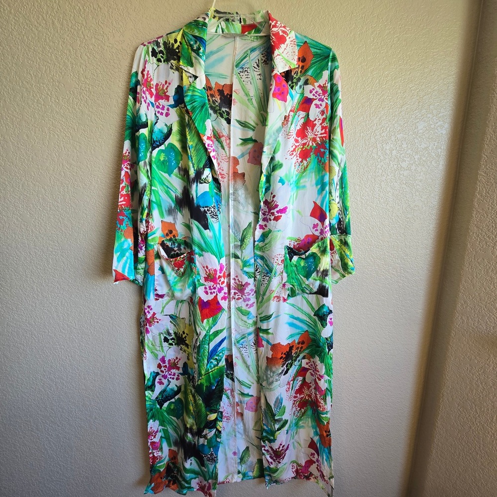 Anatomie 100% Silk Tropical Floral Duster Jacket Made in Italy Small Multi-Color